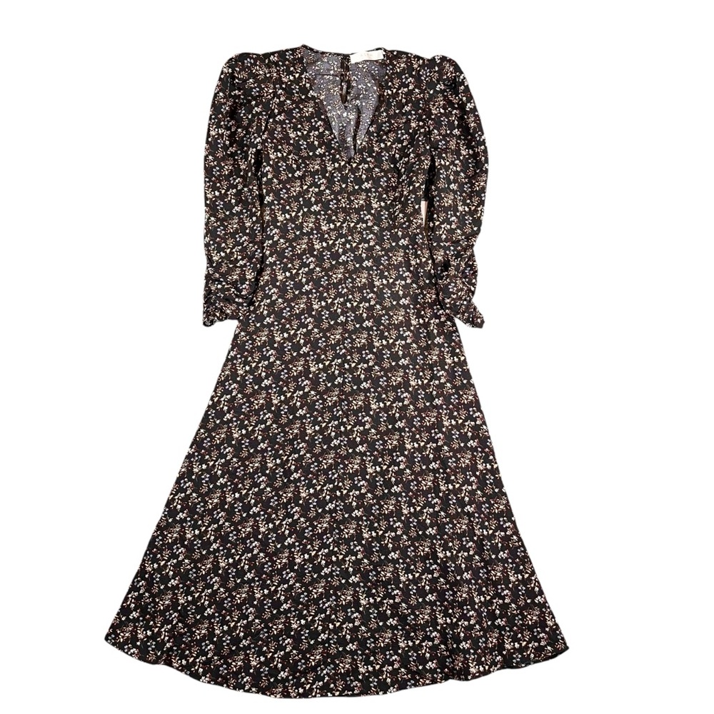 ASTR The Label NWT Floral Puff Sleeve V-Neck Back Cutout Midi Dress Size Medium